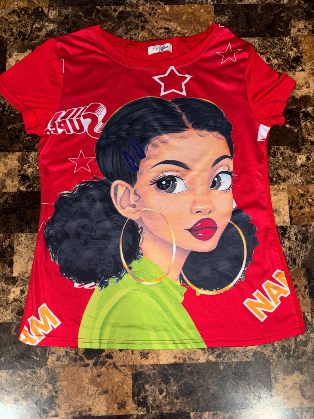 Red Graphic Tee with Illustrated Girl